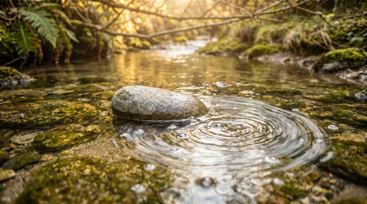 Ein Fluss bildet am selben Stein denselben Strudel